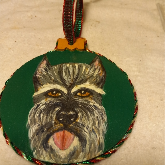 Handpainted, handmade on wood mini schnauzer ornament with hanging ribbon. - Picture 2 of 2